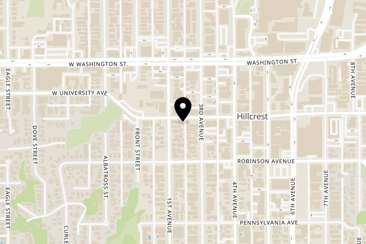 Map showing the location of HillCrust Pizza on 127 University Ave in San Diego